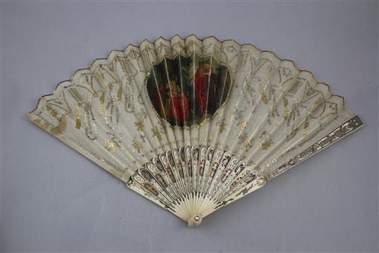 A 19th century French pierced bone fan, overall 10.75in.